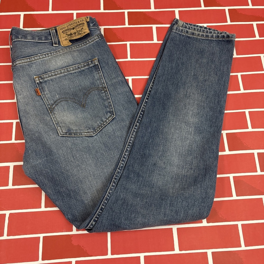 Levi's 606 Orange Tab Jeans Big E 33x32 Denim Straight Distressed Patched Knees